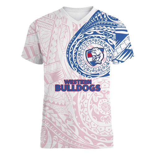 Personalized Western Bulldogs Polynesian Women V-Neck T-Shirt Tribal Chest and Sleeve Tattoo Heritage Warrior