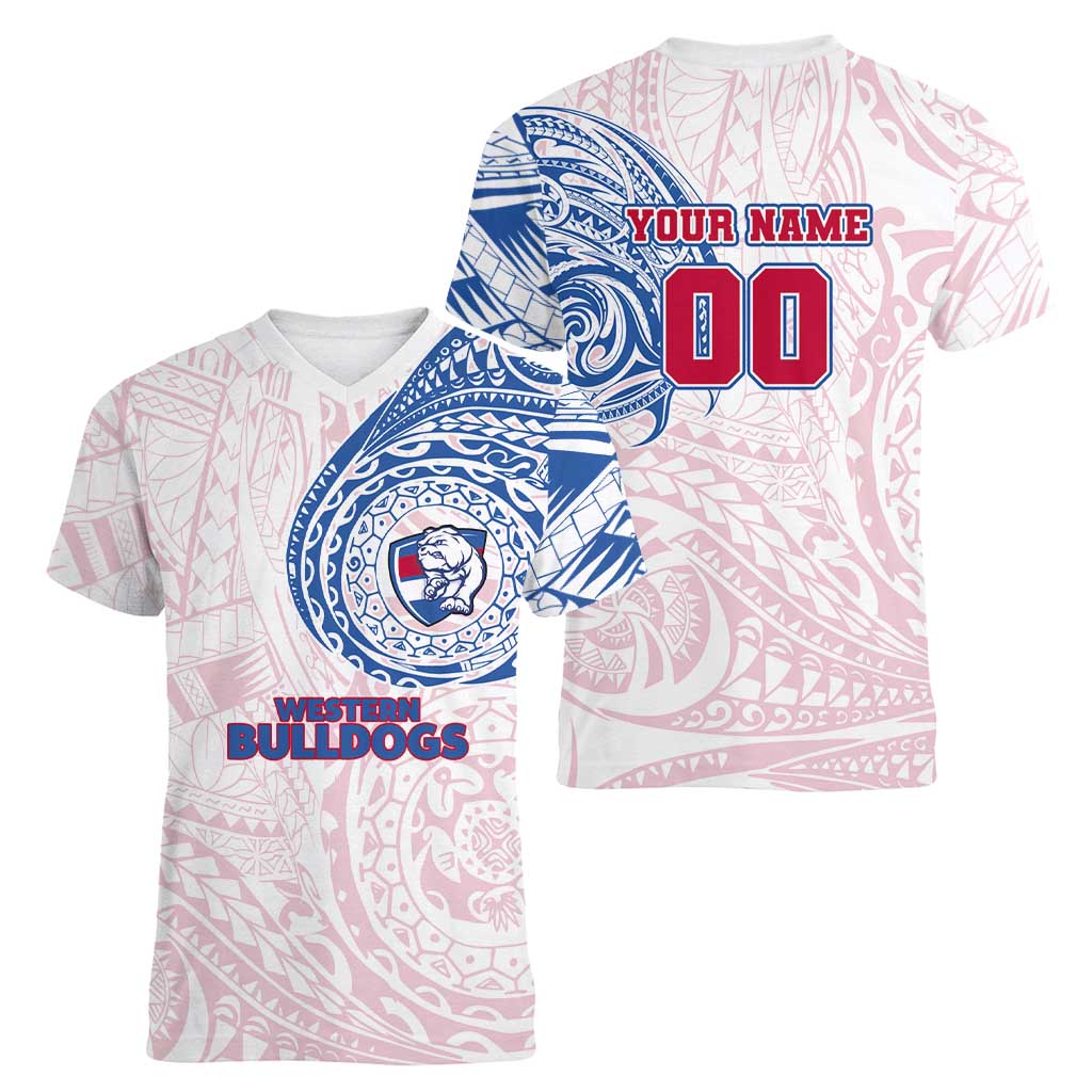 Personalized Western Bulldogs Polynesian Women V-Neck T-Shirt Tribal Chest and Sleeve Tattoo Heritage Warrior