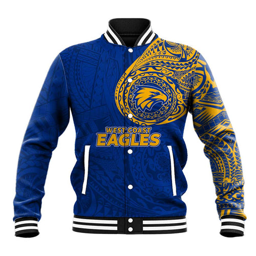 Personalized West Coast Eagles Polynesian Baseball Jacket Tribal Chest and Sleeve Tattoo Heritage Warrior