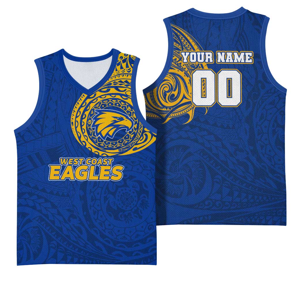 Personalized West Coast Eagles Polynesian Basketball Jersey Tribal Chest and Sleeve Tattoo Heritage Warrior