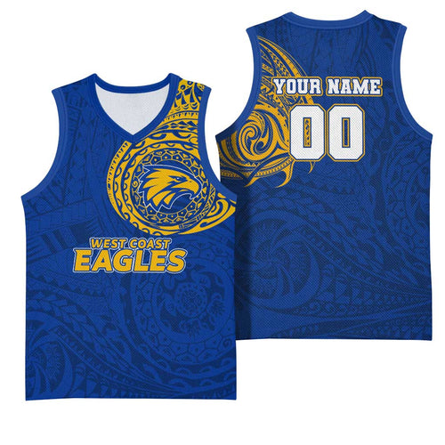 Personalized West Coast Eagles Polynesian Basketball Jersey Tribal Chest and Sleeve Tattoo Heritage Warrior
