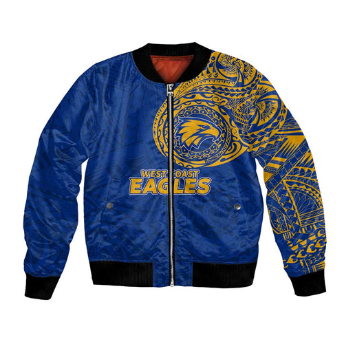 Personalized West Coast Eagles Polynesian Bomber Jacket Tribal Chest and Sleeve Tattoo Heritage Warrior