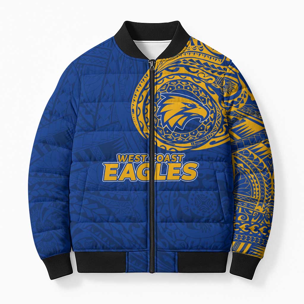 Personalized West Coast Eagles Polynesian Bomber Puffer Jacket Tribal Chest and Sleeve Tattoo Heritage Warrior