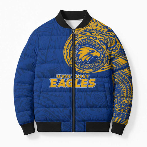 Personalized West Coast Eagles Polynesian Bomber Puffer Jacket Tribal Chest and Sleeve Tattoo Heritage Warrior