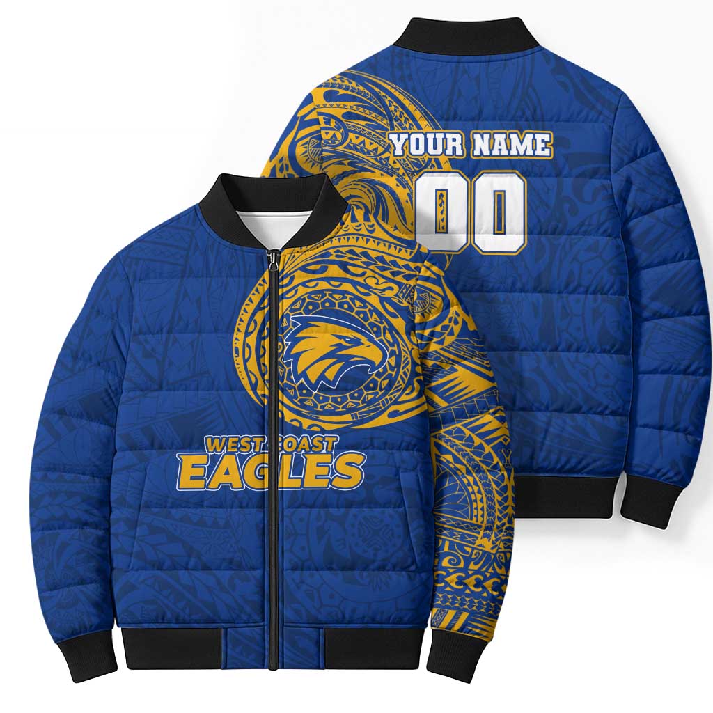 Personalized West Coast Eagles Polynesian Bomber Puffer Jacket Tribal Chest and Sleeve Tattoo Heritage Warrior