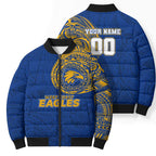 Personalized West Coast Eagles Polynesian Bomber Puffer Jacket Tribal Chest and Sleeve Tattoo Heritage Warrior