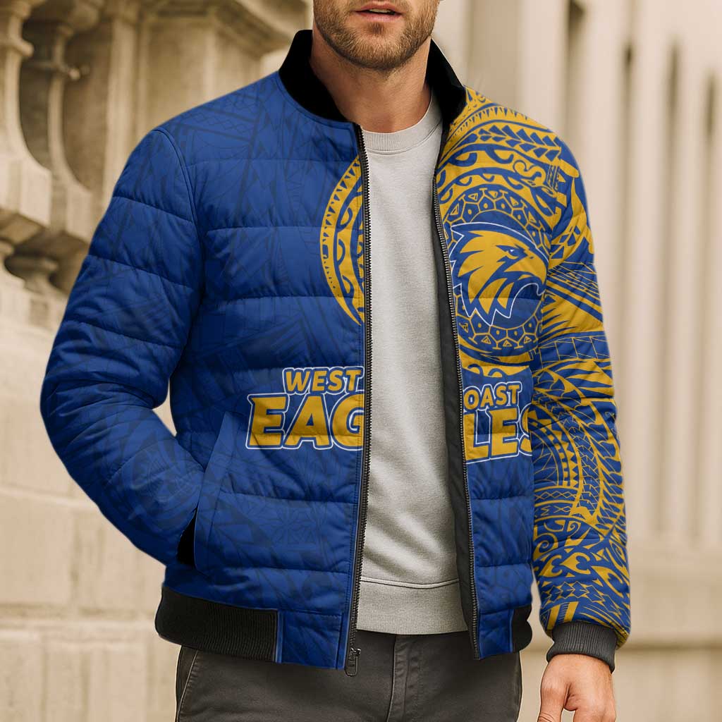 Personalized West Coast Eagles Polynesian Bomber Puffer Jacket Tribal Chest and Sleeve Tattoo Heritage Warrior