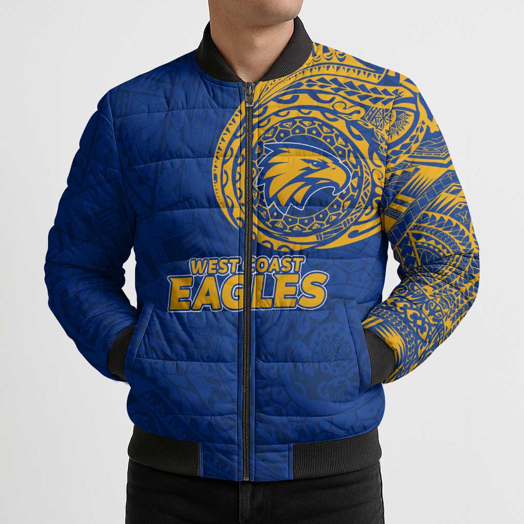 Personalized West Coast Eagles Polynesian Bomber Puffer Jacket Tribal Chest and Sleeve Tattoo Heritage Warrior