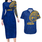 Personalized West Coast Eagles Polynesian Couples Matching Long Sleeve Bodycon Dress and Hawaiian Shirt Tribal Chest and Sleeve Tattoo Heritage Warrior