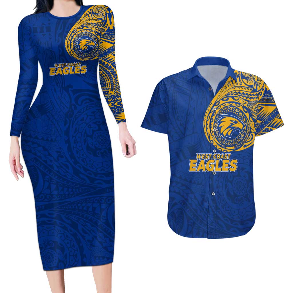 Personalized West Coast Eagles Polynesian Couples Matching Long Sleeve Bodycon Dress and Hawaiian Shirt Tribal Chest and Sleeve Tattoo Heritage Warrior