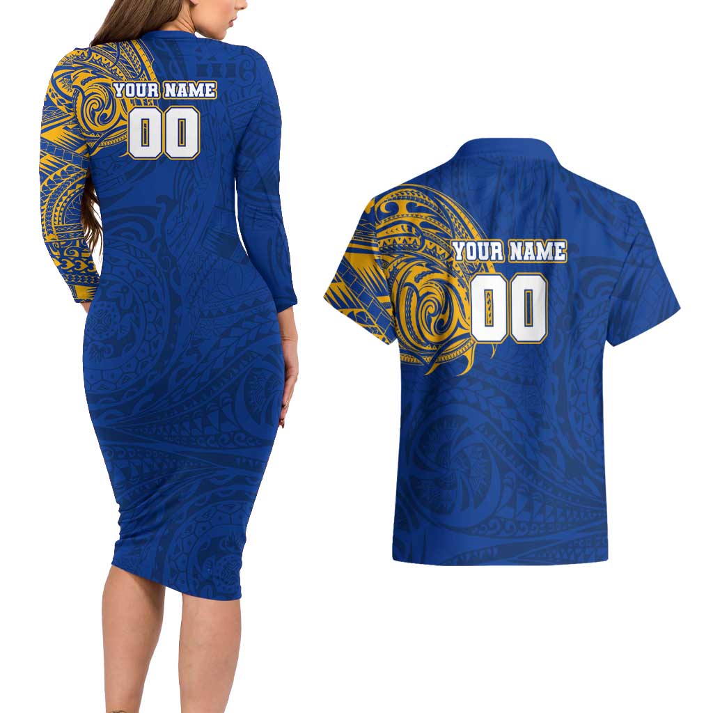 Personalized West Coast Eagles Polynesian Couples Matching Long Sleeve Bodycon Dress and Hawaiian Shirt Tribal Chest and Sleeve Tattoo Heritage Warrior