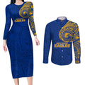 Personalized West Coast Eagles Polynesian Couples Matching Long Sleeve Bodycon Dress and Long Sleeve Button Shirt Tribal Chest and Sleeve Tattoo Heritage Warrior