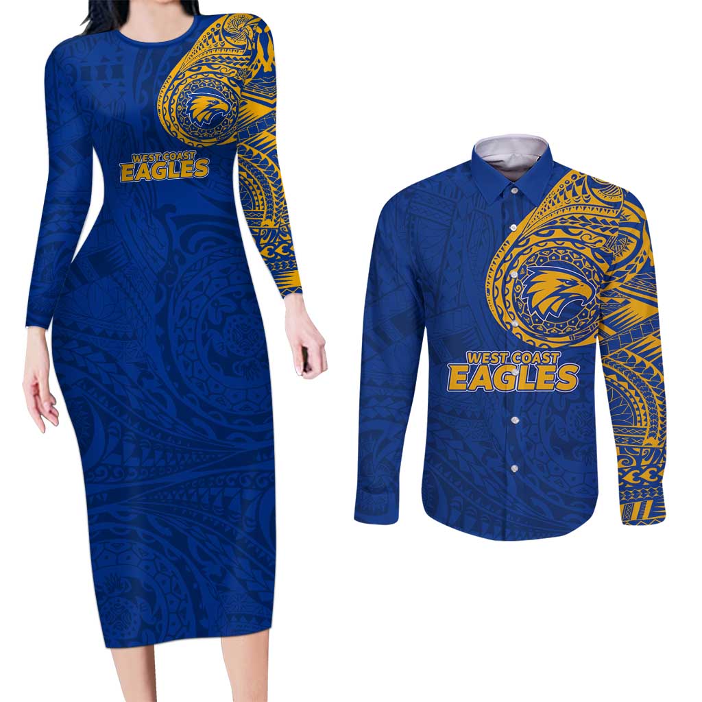 Personalized West Coast Eagles Polynesian Couples Matching Long Sleeve Bodycon Dress and Long Sleeve Button Shirt Tribal Chest and Sleeve Tattoo Heritage Warrior
