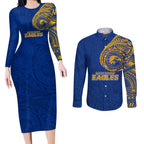 Personalized West Coast Eagles Polynesian Couples Matching Long Sleeve Bodycon Dress and Long Sleeve Button Shirt Tribal Chest and Sleeve Tattoo Heritage Warrior