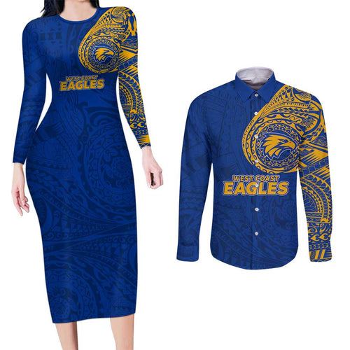 Personalized West Coast Eagles Polynesian Couples Matching Long Sleeve Bodycon Dress and Long Sleeve Button Shirt Tribal Chest and Sleeve Tattoo Heritage Warrior