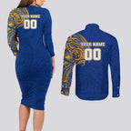 Personalized West Coast Eagles Polynesian Couples Matching Long Sleeve Bodycon Dress and Long Sleeve Button Shirt Tribal Chest and Sleeve Tattoo Heritage Warrior