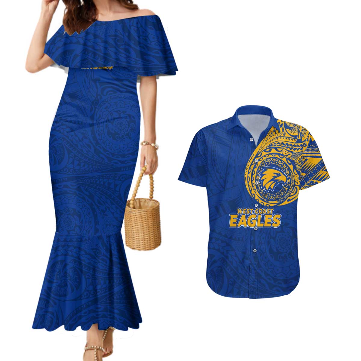 Personalized West Coast Eagles Polynesian Couples Matching Mermaid Dress and Hawaiian Shirt Tribal Chest and Sleeve Tattoo Heritage Warrior
