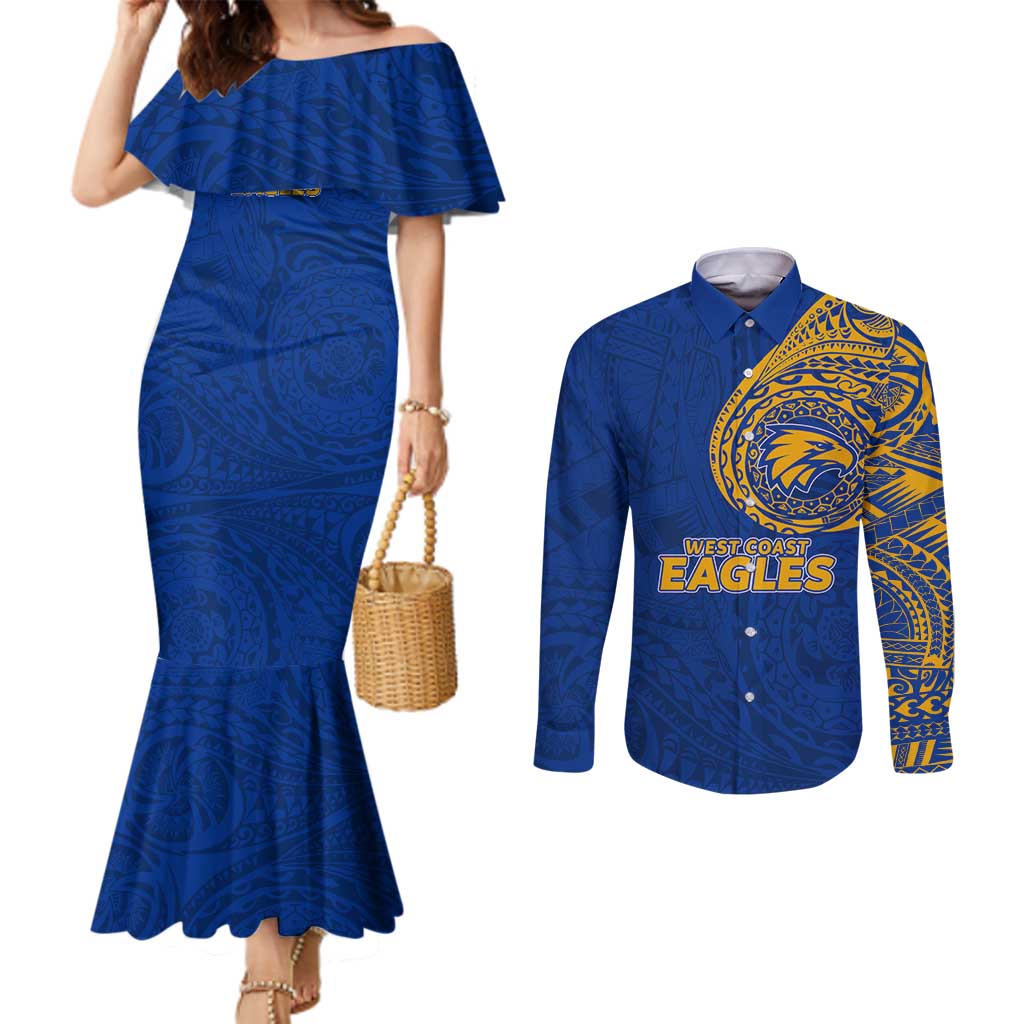 Personalized West Coast Eagles Polynesian Couples Matching Mermaid Dress and Long Sleeve Button Shirt Tribal Chest and Sleeve Tattoo Heritage Warrior