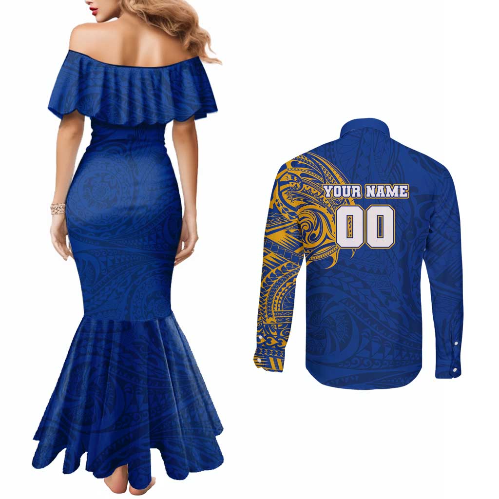 Personalized West Coast Eagles Polynesian Couples Matching Mermaid Dress and Long Sleeve Button Shirt Tribal Chest and Sleeve Tattoo Heritage Warrior