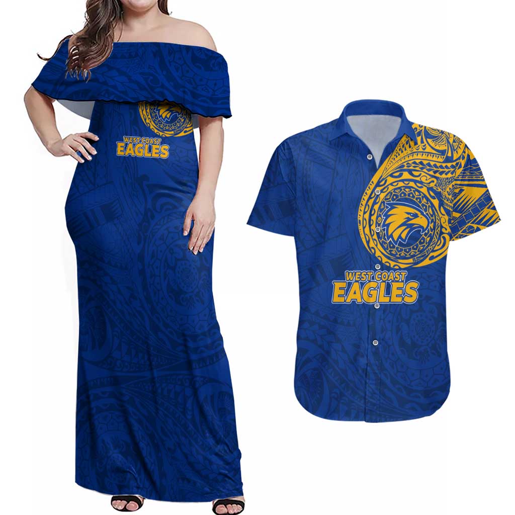 Personalized West Coast Eagles Polynesian Couples Matching Off Shoulder Maxi Dress and Hawaiian Shirt Tribal Chest and Sleeve Tattoo Heritage Warrior