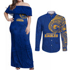 Personalized West Coast Eagles Polynesian Couples Matching Off Shoulder Maxi Dress and Long Sleeve Button Shirt Tribal Chest and Sleeve Tattoo Heritage Warrior