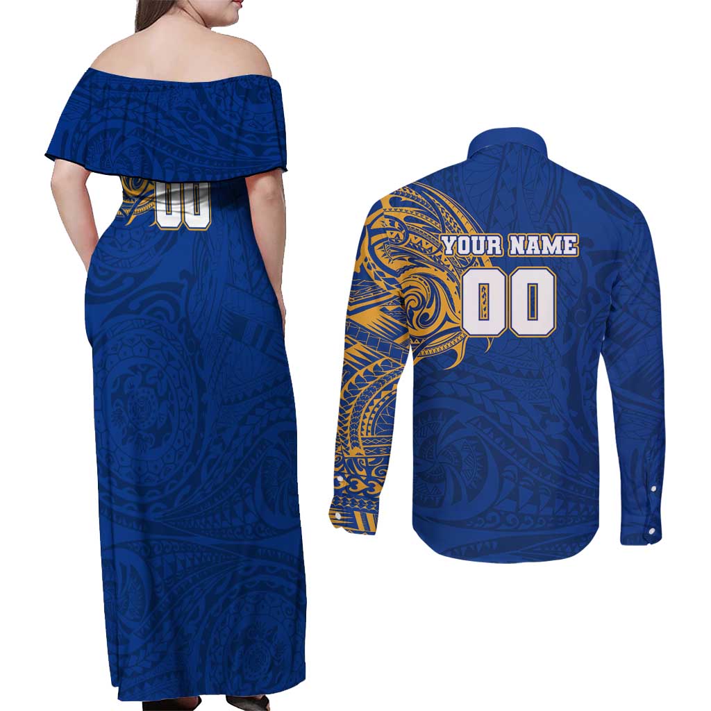 Personalized West Coast Eagles Polynesian Couples Matching Off Shoulder Maxi Dress and Long Sleeve Button Shirt Tribal Chest and Sleeve Tattoo Heritage Warrior
