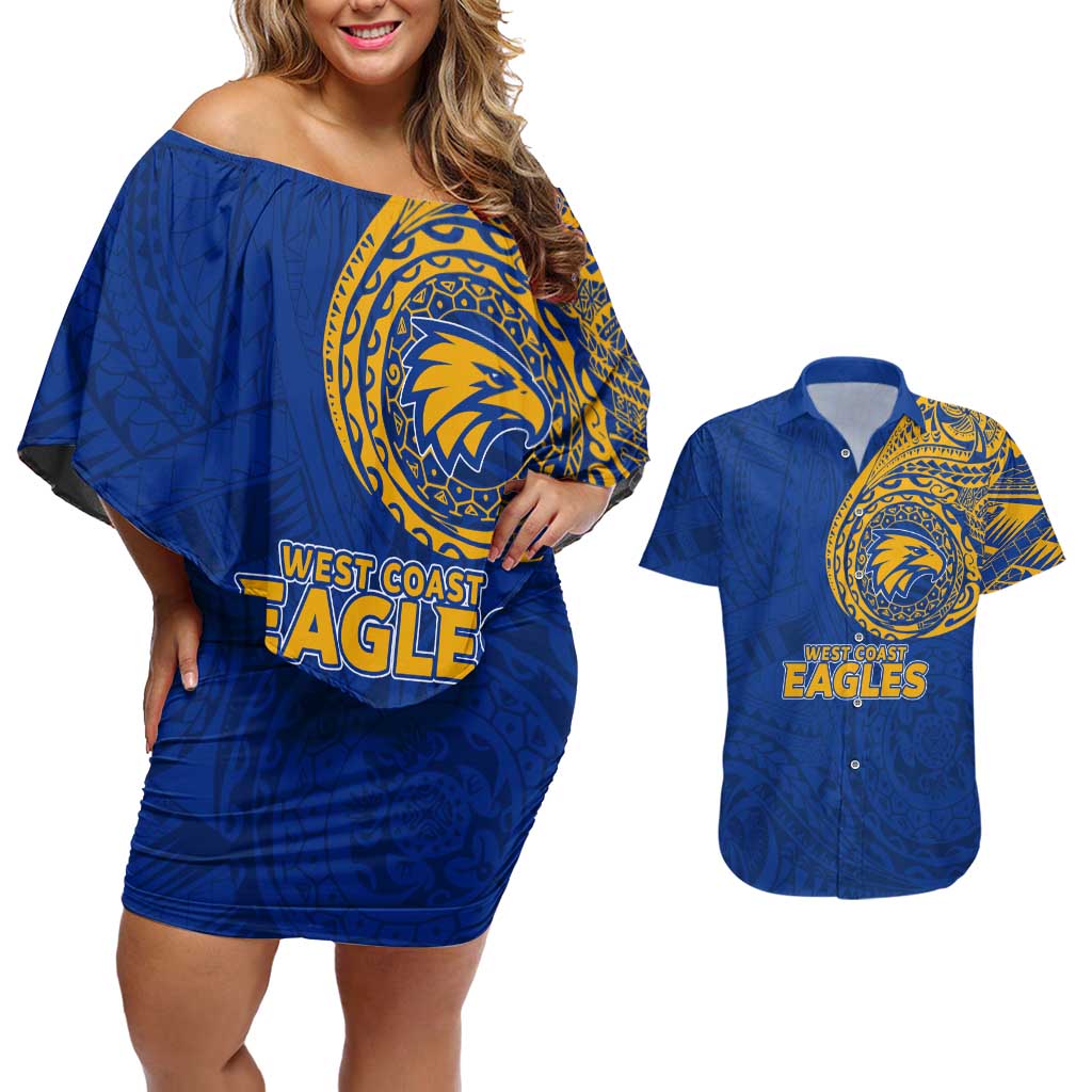Personalized West Coast Eagles Polynesian Couples Matching Off Shoulder Short Dress and Hawaiian Shirt Tribal Chest and Sleeve Tattoo Heritage Warrior