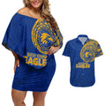 Personalized West Coast Eagles Polynesian Couples Matching Off Shoulder Short Dress and Hawaiian Shirt Tribal Chest and Sleeve Tattoo Heritage Warrior
