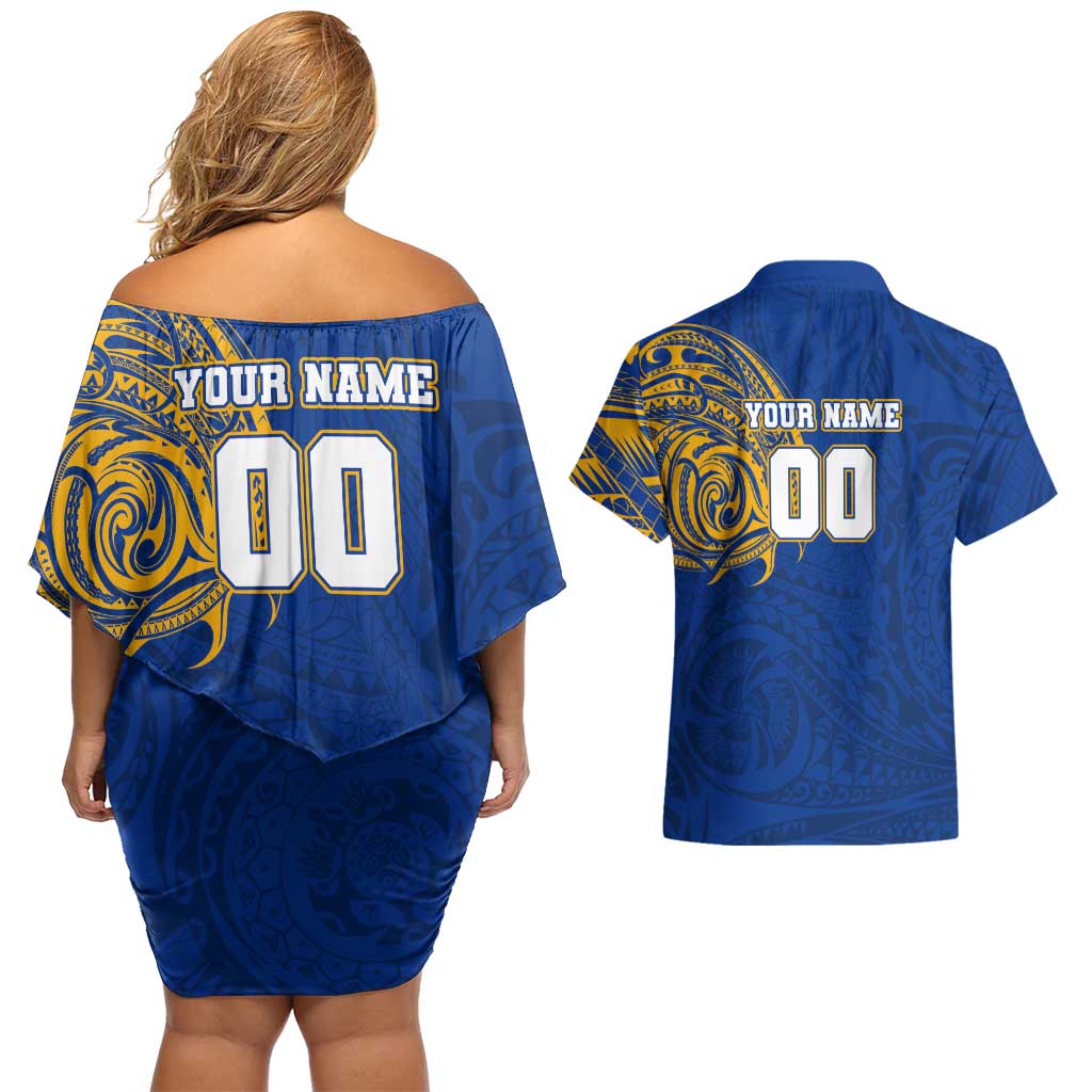 Personalized West Coast Eagles Polynesian Couples Matching Off Shoulder Short Dress and Hawaiian Shirt Tribal Chest and Sleeve Tattoo Heritage Warrior