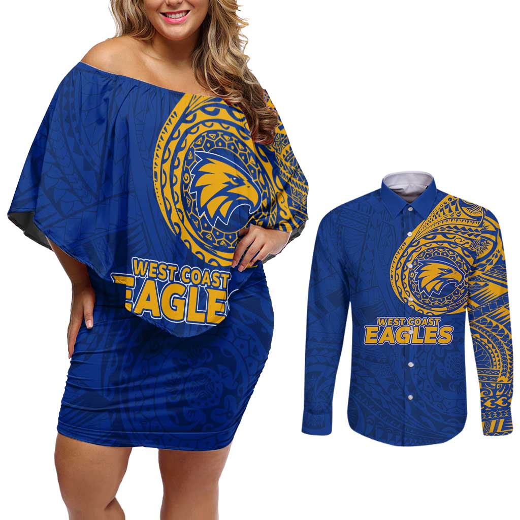 Personalized West Coast Eagles Polynesian Couples Matching Off Shoulder Short Dress and Long Sleeve Button Shirt Tribal Chest and Sleeve Tattoo Heritage Warrior