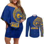 Personalized West Coast Eagles Polynesian Couples Matching Off Shoulder Short Dress and Long Sleeve Button Shirt Tribal Chest and Sleeve Tattoo Heritage Warrior