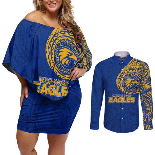Personalized West Coast Eagles Polynesian Couples Matching Off Shoulder Short Dress and Long Sleeve Button Shirt Tribal Chest and Sleeve Tattoo Heritage Warrior