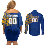 Personalized West Coast Eagles Polynesian Couples Matching Off Shoulder Short Dress and Long Sleeve Button Shirt Tribal Chest and Sleeve Tattoo Heritage Warrior