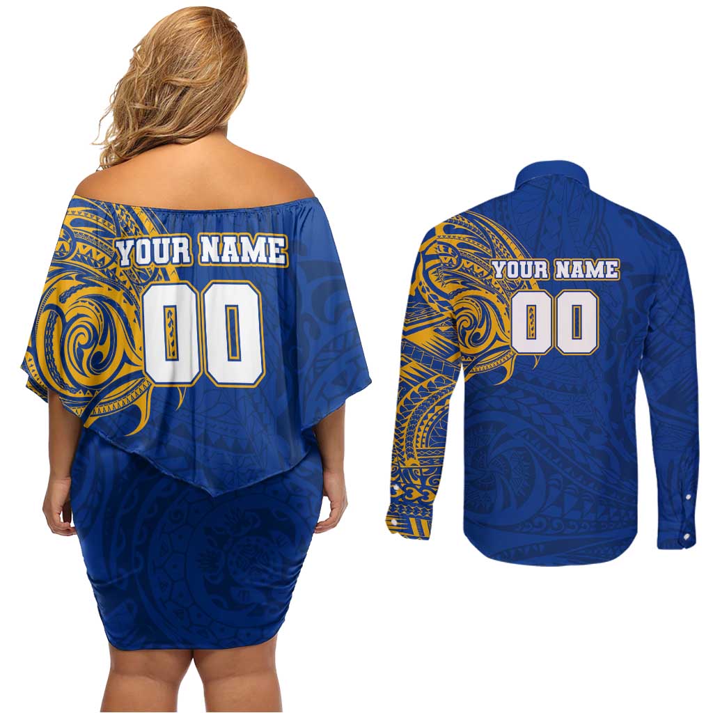 Personalized West Coast Eagles Polynesian Couples Matching Off Shoulder Short Dress and Long Sleeve Button Shirt Tribal Chest and Sleeve Tattoo Heritage Warrior