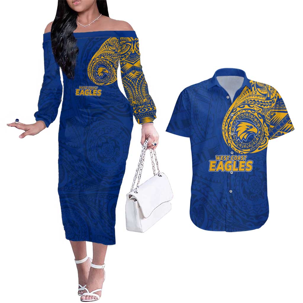 Personalized West Coast Eagles Polynesian Couples Matching Off The Shoulder Long Sleeve Dress and Hawaiian Shirt Tribal Chest and Sleeve Tattoo Heritage Warrior