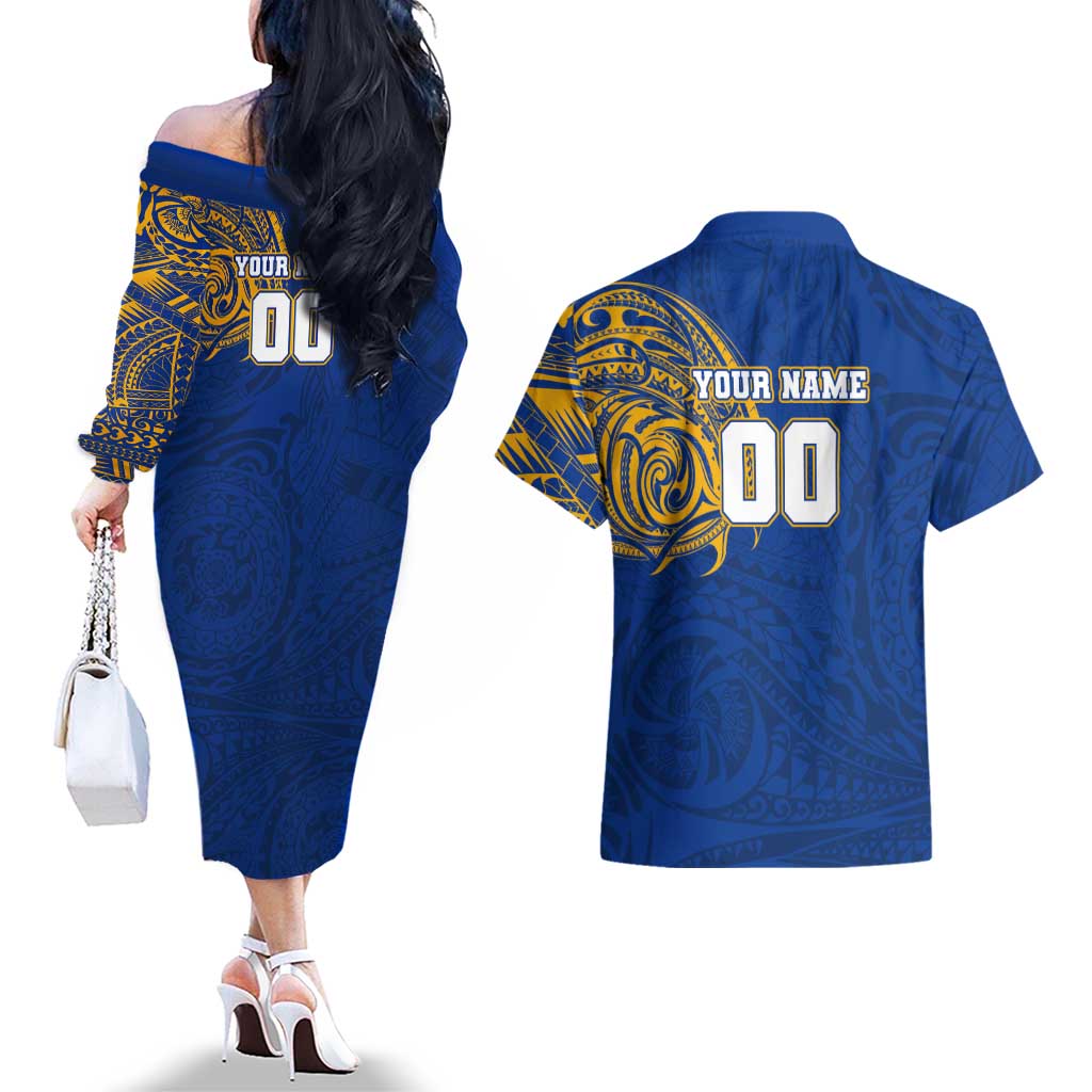 Personalized West Coast Eagles Polynesian Couples Matching Off The Shoulder Long Sleeve Dress and Hawaiian Shirt Tribal Chest and Sleeve Tattoo Heritage Warrior