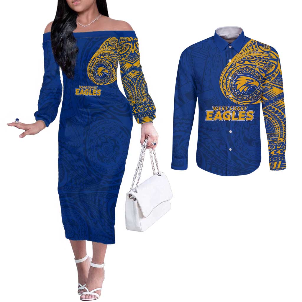 Personalized West Coast Eagles Polynesian Couples Matching Off The Shoulder Long Sleeve Dress and Long Sleeve Button Shirt Tribal Chest and Sleeve Tattoo Heritage Warrior