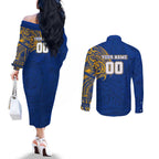 Personalized West Coast Eagles Polynesian Couples Matching Off The Shoulder Long Sleeve Dress and Long Sleeve Button Shirt Tribal Chest and Sleeve Tattoo Heritage Warrior