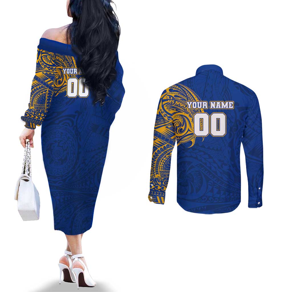 Personalized West Coast Eagles Polynesian Couples Matching Off The Shoulder Long Sleeve Dress and Long Sleeve Button Shirt Tribal Chest and Sleeve Tattoo Heritage Warrior
