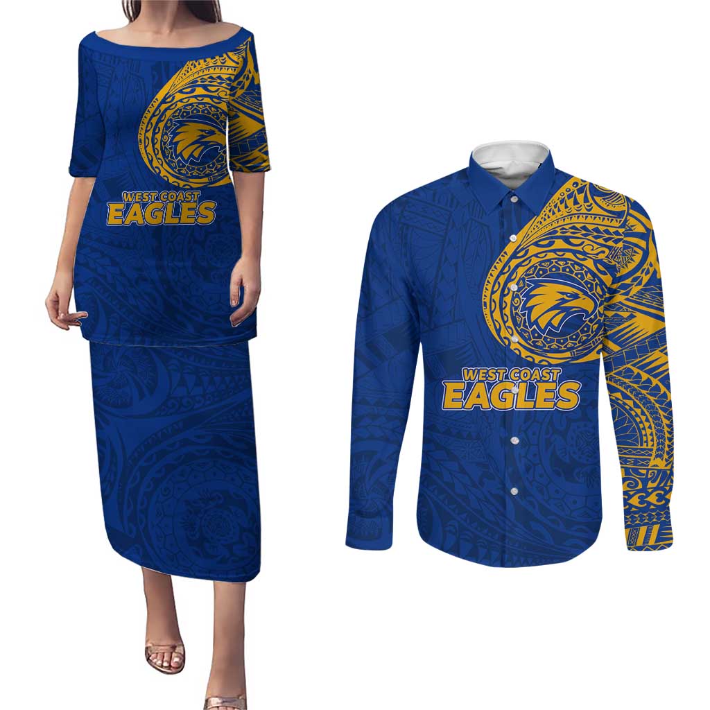 Personalized West Coast Eagles Polynesian Couples Matching Puletasi and Long Sleeve Button Shirt Tribal Chest and Sleeve Tattoo Heritage Warrior