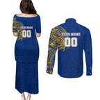 Personalized West Coast Eagles Polynesian Couples Matching Puletasi and Long Sleeve Button Shirt Tribal Chest and Sleeve Tattoo Heritage Warrior