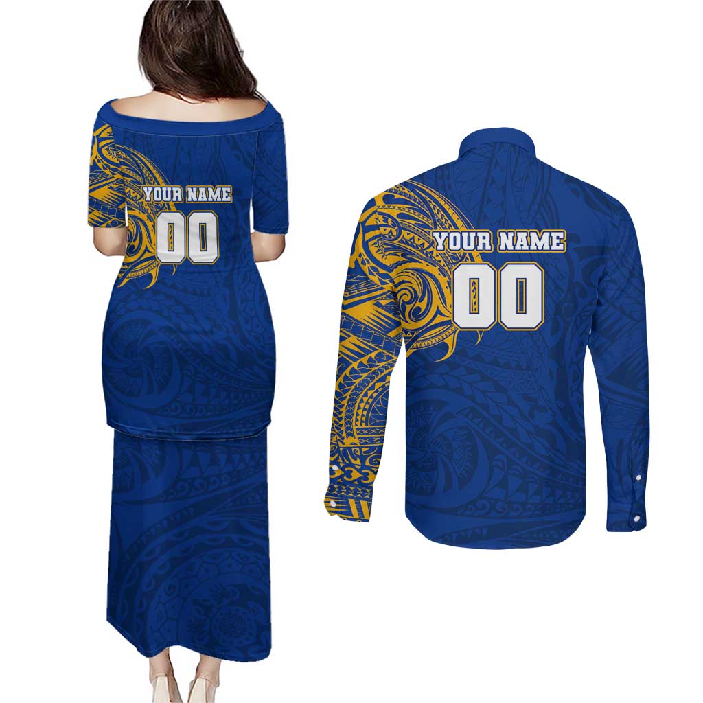 Personalized West Coast Eagles Polynesian Couples Matching Puletasi and Long Sleeve Button Shirt Tribal Chest and Sleeve Tattoo Heritage Warrior