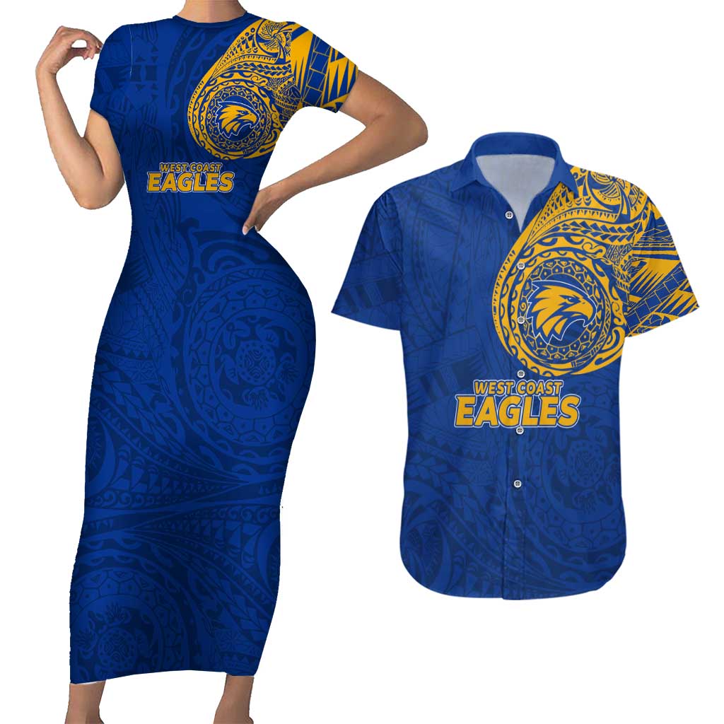 Personalized West Coast Eagles Polynesian Couples Matching Short Sleeve Bodycon Dress and Hawaiian Shirt Tribal Chest and Sleeve Tattoo Heritage Warrior