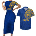 Personalized West Coast Eagles Polynesian Couples Matching Short Sleeve Bodycon Dress and Hawaiian Shirt Tribal Chest and Sleeve Tattoo Heritage Warrior