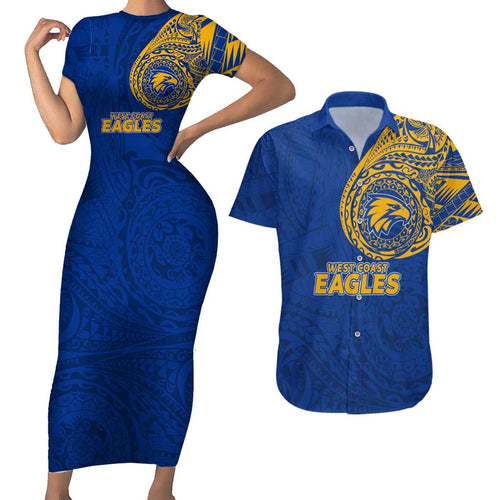 Personalized West Coast Eagles Polynesian Couples Matching Short Sleeve Bodycon Dress and Hawaiian Shirt Tribal Chest and Sleeve Tattoo Heritage Warrior