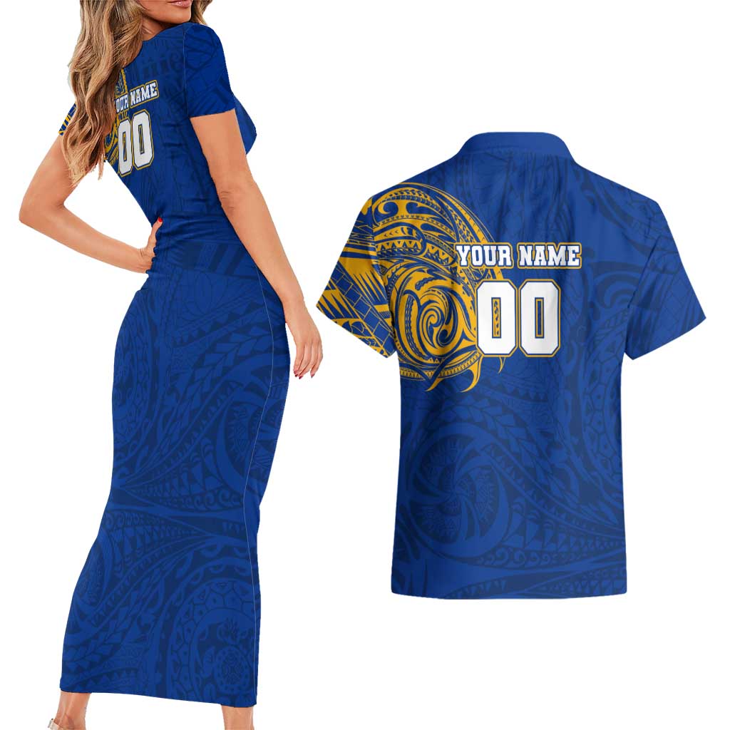 Personalized West Coast Eagles Polynesian Couples Matching Short Sleeve Bodycon Dress and Hawaiian Shirt Tribal Chest and Sleeve Tattoo Heritage Warrior