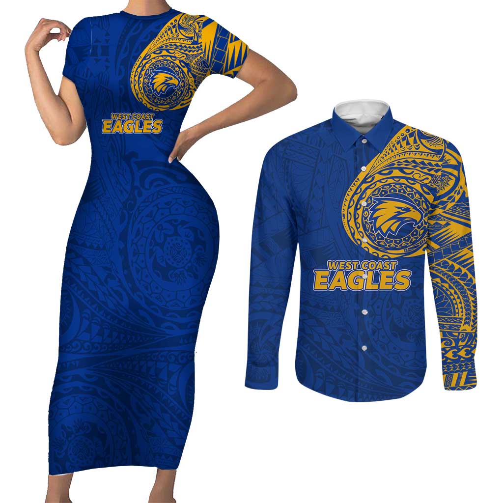 Personalized West Coast Eagles Polynesian Couples Matching Short Sleeve Bodycon Dress and Long Sleeve Button Shirt Tribal Chest and Sleeve Tattoo Heritage Warrior