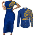 Personalized West Coast Eagles Polynesian Couples Matching Short Sleeve Bodycon Dress and Long Sleeve Button Shirt Tribal Chest and Sleeve Tattoo Heritage Warrior