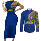 Personalized West Coast Eagles Polynesian Couples Matching Short Sleeve Bodycon Dress and Long Sleeve Button Shirt Tribal Chest and Sleeve Tattoo Heritage Warrior