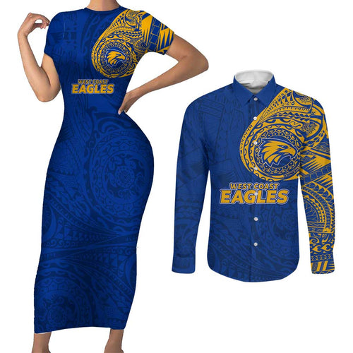 Personalized West Coast Eagles Polynesian Couples Matching Short Sleeve Bodycon Dress and Long Sleeve Button Shirt Tribal Chest and Sleeve Tattoo Heritage Warrior